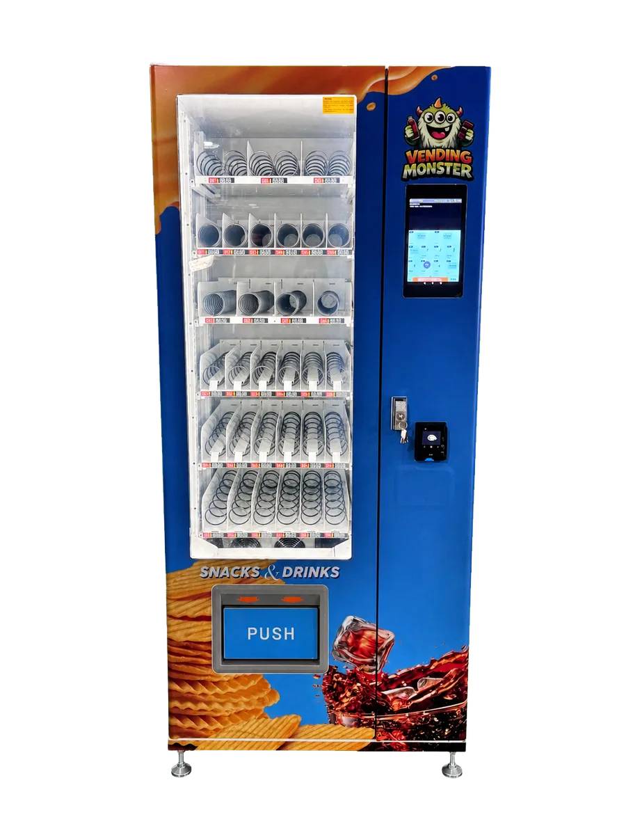 Blauwe Vending Monster automaat met snacks en drankjes